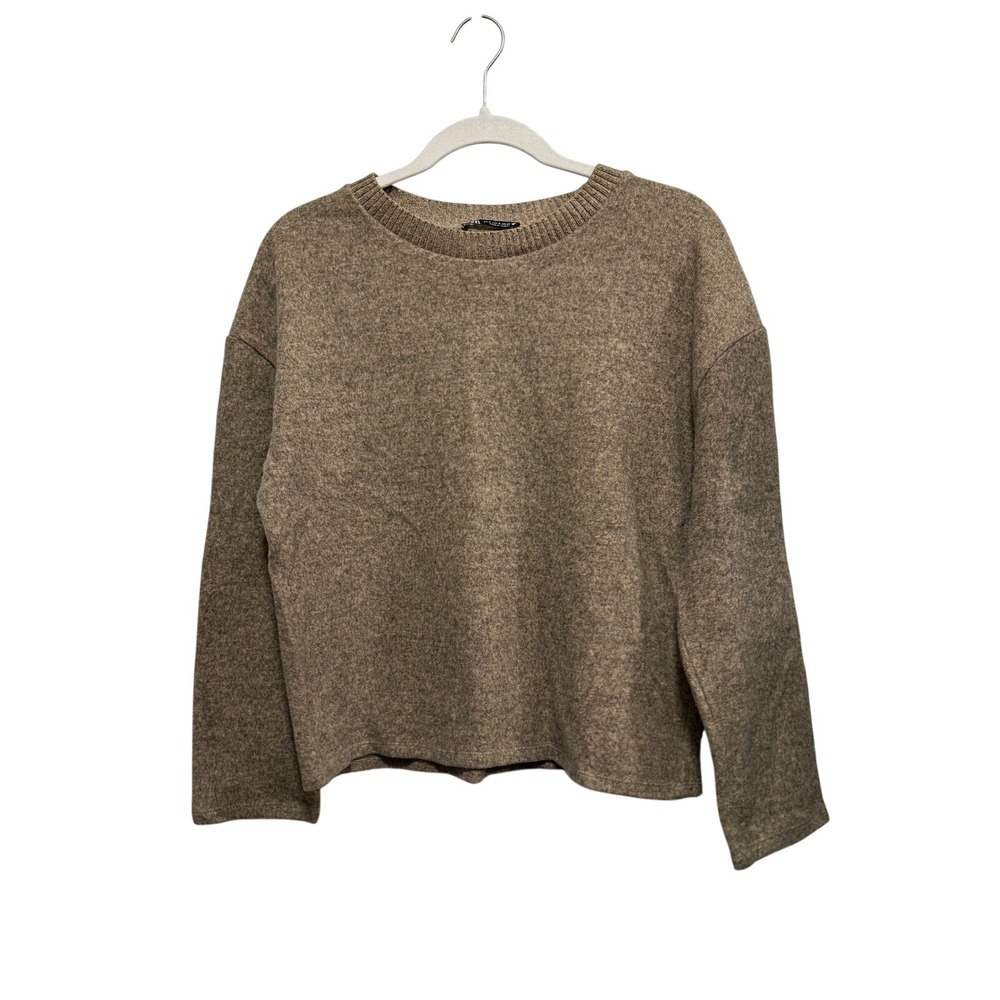 Zara Brown Marled Knit Sweater Womens S Relaxed Boxy Crewneck Dropped Shoulder